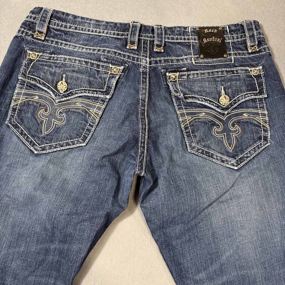 Rock Revival FRANCIS Straight Jeans Mens 40x26 Blue Dark Wash Embroidered Denim